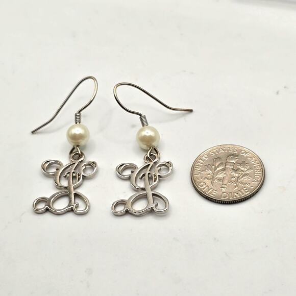 Monogram Letter J Earrings Pierced Ornate Filigree Design Silver Tone Dangle - Picture 4 of 6